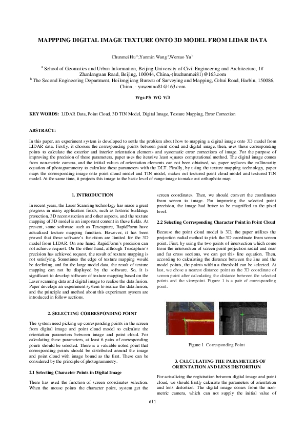 (PDF) MAPPPING DIGITAL IMAGE TEXTURE ONTO 3D MODEL FROM LIDAR DATA