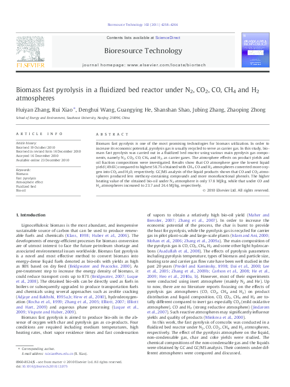 (PDF) Biomass fast pyrolysis in a fluidized bed reactor under N 2 , CO ...
