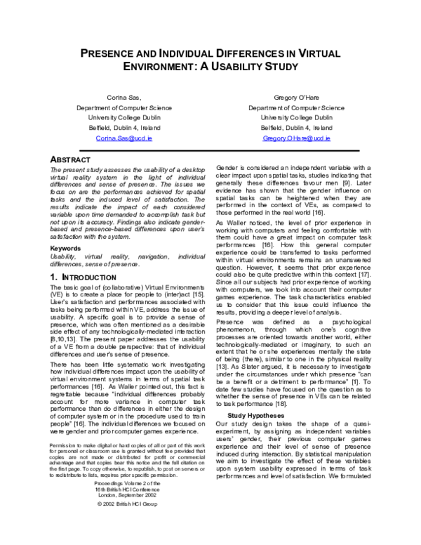 (PDF) Presence and Individual Differences in Virtual Environment ...