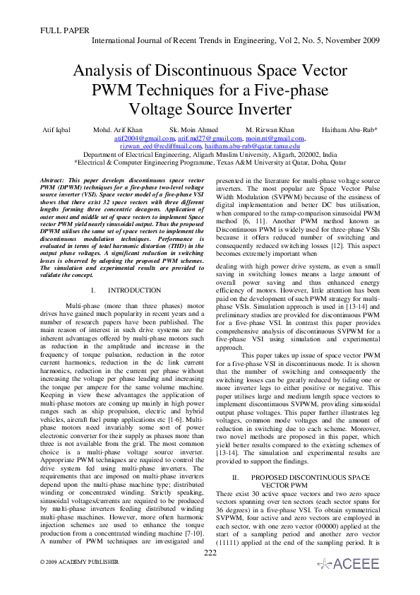 (PDF) Analysis of Discontinuous Space Vector PWM Techniques for a Five ...