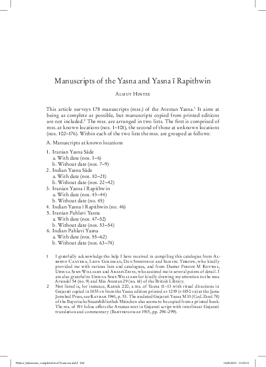 (PDF) 2012 Manuscripts of the Yasna and Yasna ī Rapithwin. In: A ...