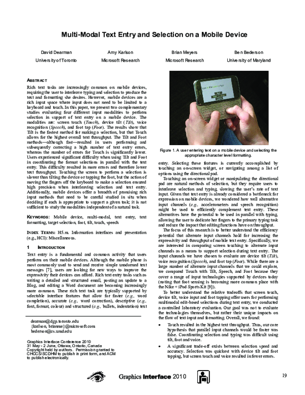 (PDF) Multi-modal text entry and selection on a mobile device