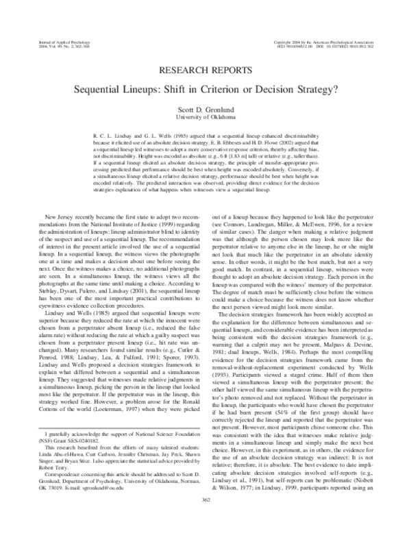 (PDF) Sequential Lineups: Shift in Criterion or Decision Strategy?.