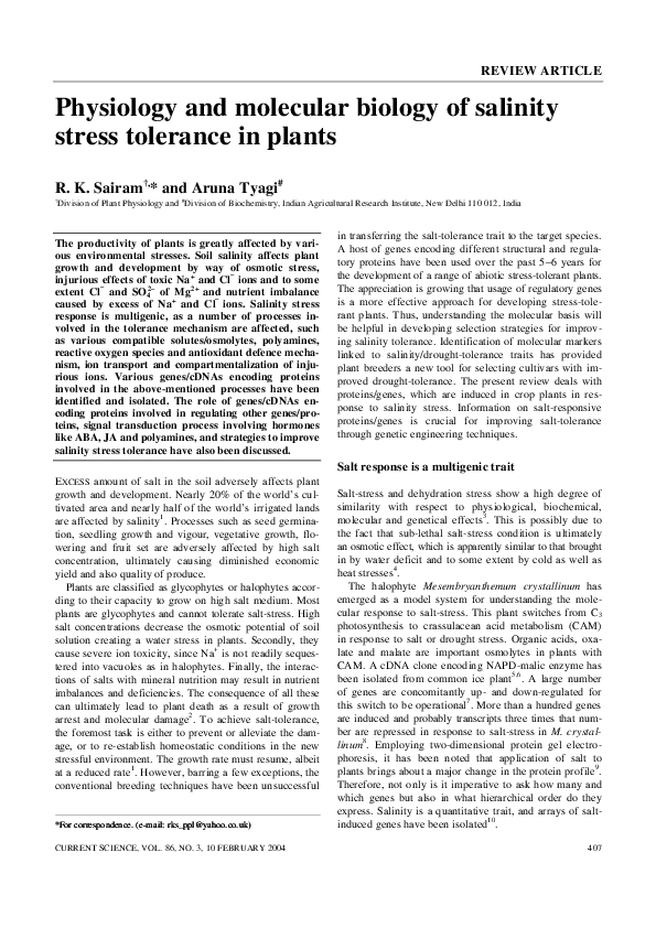 (PDF) Physiology and molecular biology of salinity stress tolerance in ...