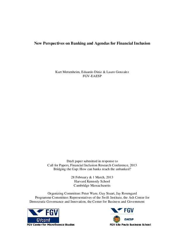New Perspectives on Banking and Agendas for Financial Inclusion