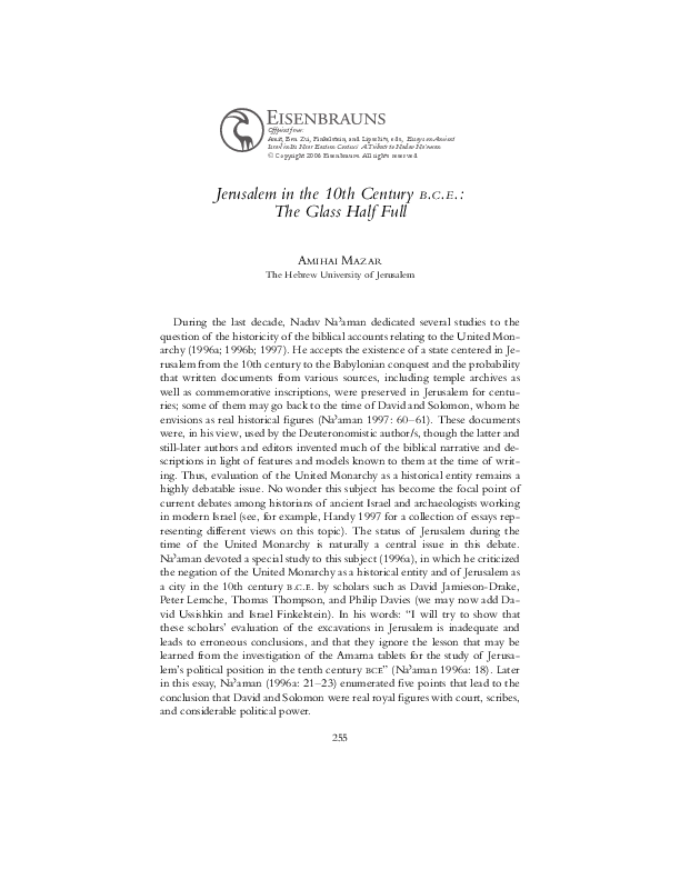 (PDF) Jerusalem in the 10th century B.C.E. the Glass Half Full