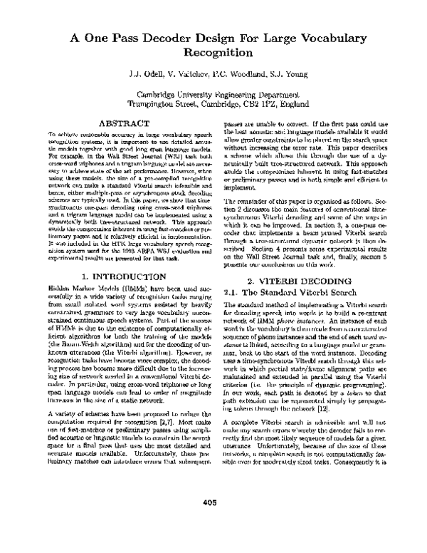 (PDF) A One Pass Decoder Design For Large Vocabulary Recognition
