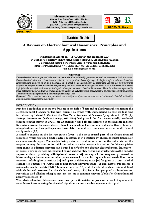 (PDF) A Review on Electrochemical Biosensors: Principles and Applications