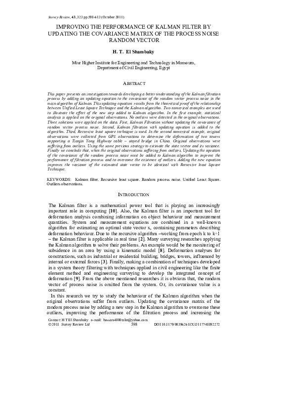 (PDF) IMPROVING THE PERFORMANCE OF KALMAN FILTER BY UPDATING THE