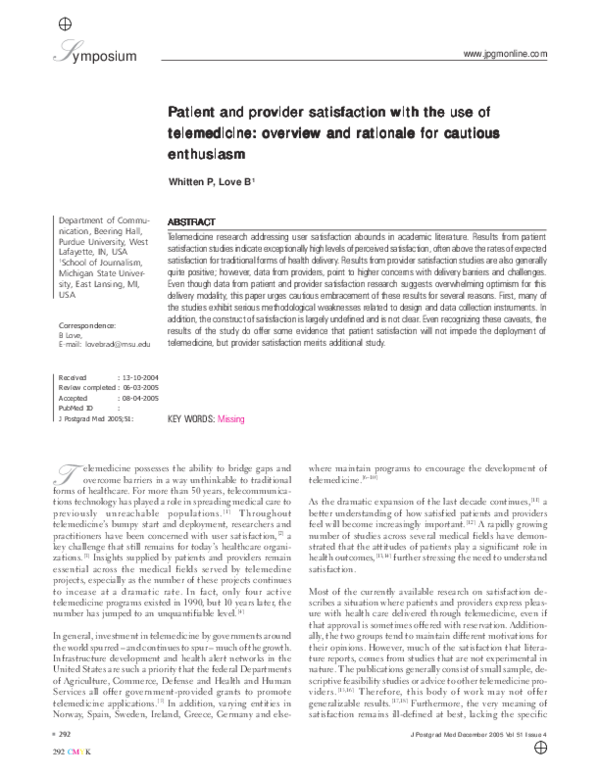 (PDF) Patient and provider satisfaction with the use of telemedicine ...
