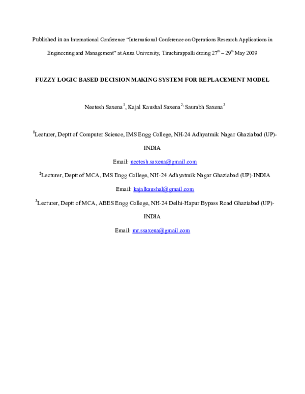 (PDF) Fuzzy Logic Based Decision Making System for Replacement Model