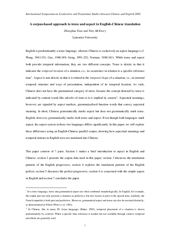 (PDF) A corpus-based approach to tense and aspect in English-Chinese ...