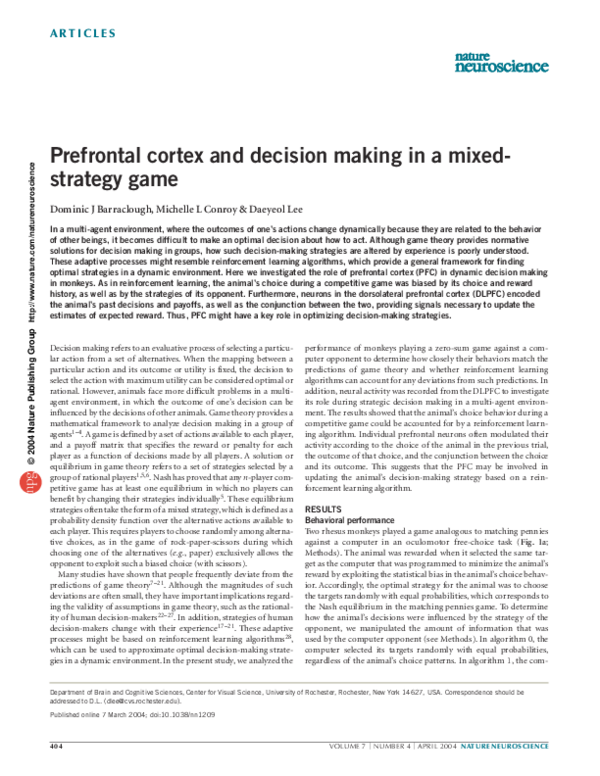 (PDF) Prefrontal cortex and decision making in a mixed-strategy game