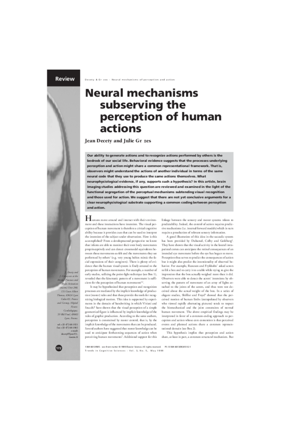 (PDF) Neural mechanisms subserving the perception of human actions