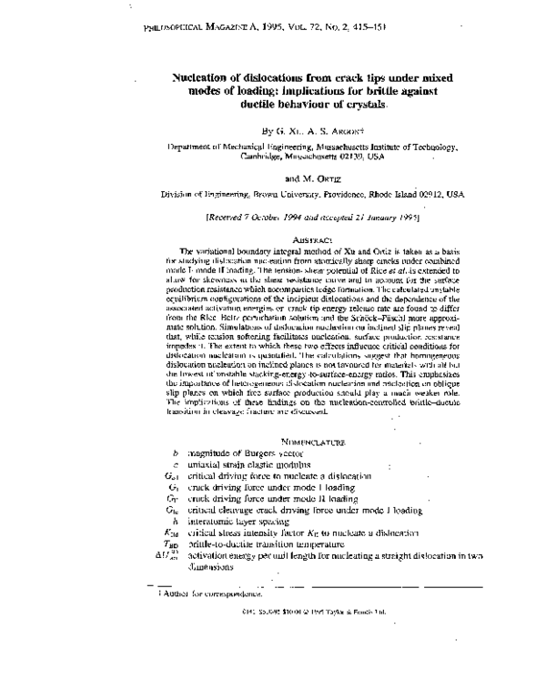 (PDF) Nucleation of dislocations from crack tips under mixed modes of ...
