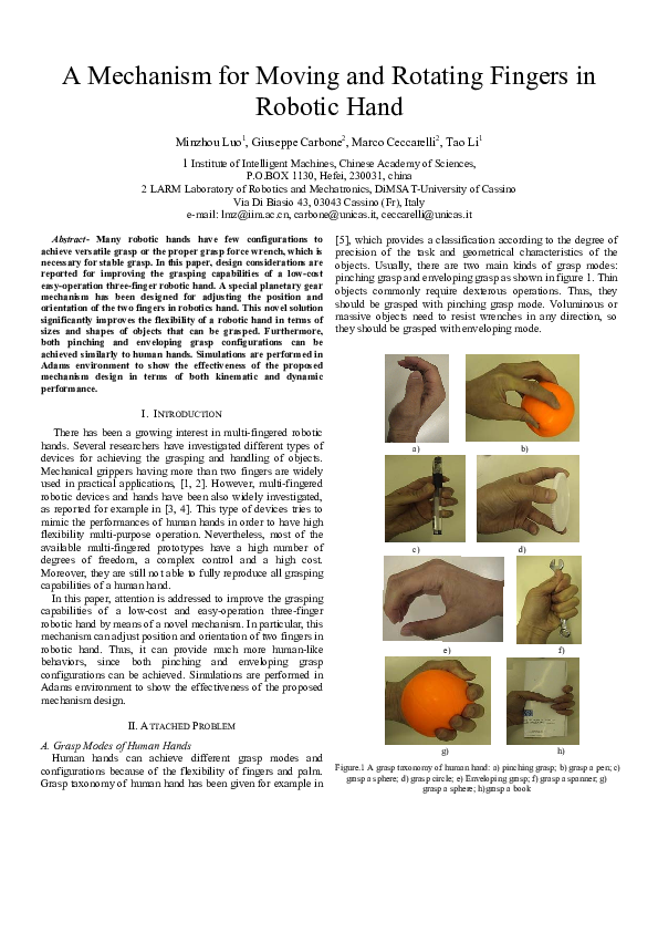 (PDF) A Mechanism for Moving and Rotating Fingers in Robotic Hand