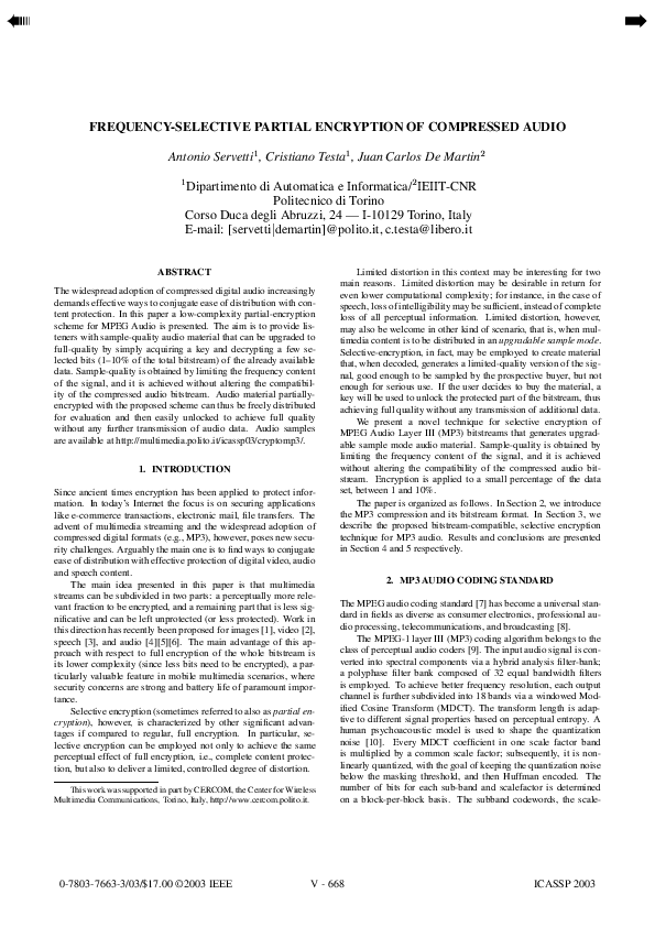 (PDF) Frequency-selective partial encryption of compressed audio