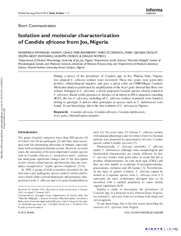 (PDF) Isolation and molecular characterization of Candida africana from ...