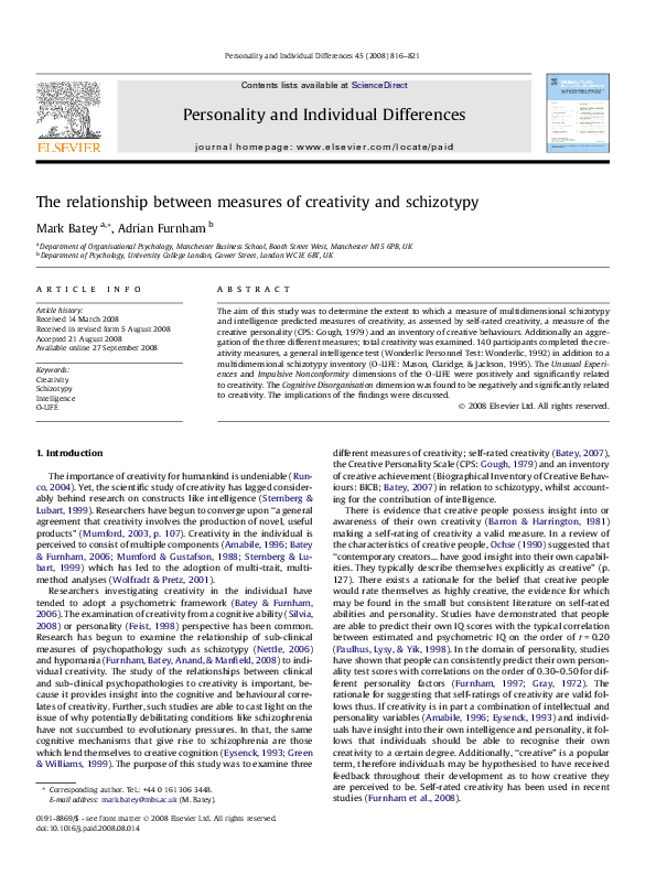 (PDF) The relationship between measures of creativity and schizotypy