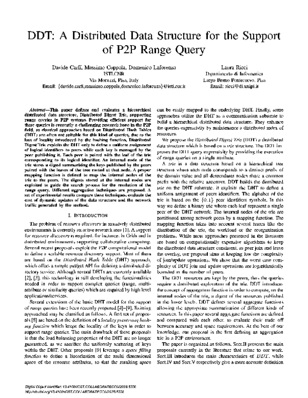 (PDF) DDT: A distributed data structure for the support of P2P range query