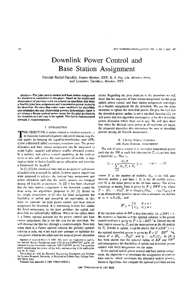(PDF) Downlink power control and base station assignment