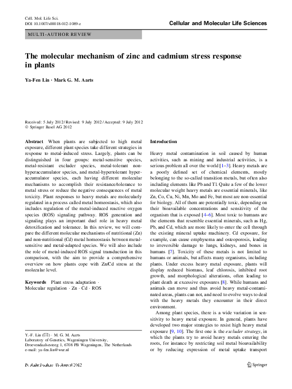 (PDF) The molecular mechanism of zinc and cadmium stress response in plants Mark Aarts