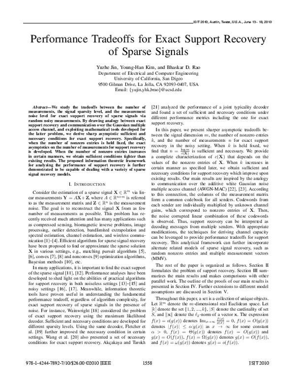 (PDF) Performance tradeoffs for exact support recovery of sparse signals