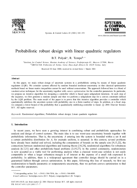 (PDF) Probabilistic robust design with linear quadratic regulators