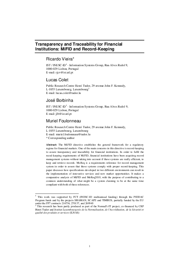 (PDF) Transparency and Traceability for Financial Institutions MiFID and RecordKeeping