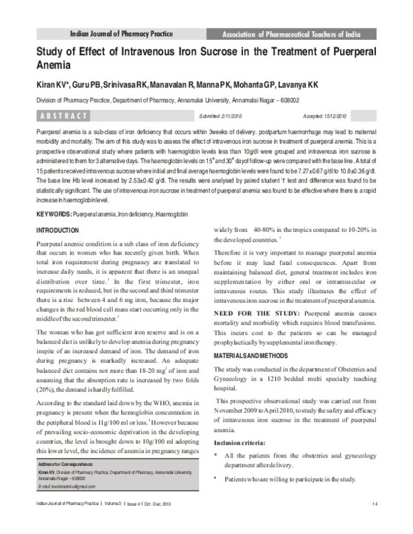 (PDF) Study of Effect of Intravenous Iron Sucrose in the treatment of ...