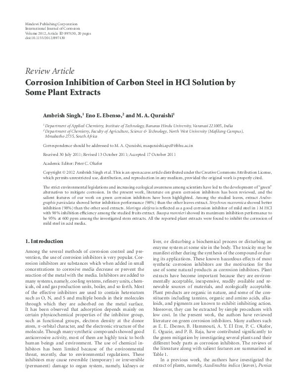 (PDF) Corrosion Inhibition of Carbon Steel in HCl Solution by Some ...