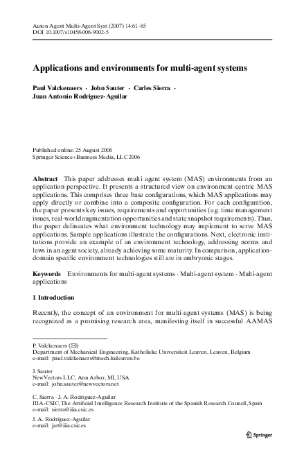 (PDF) Applications and environments for multi-agent systems