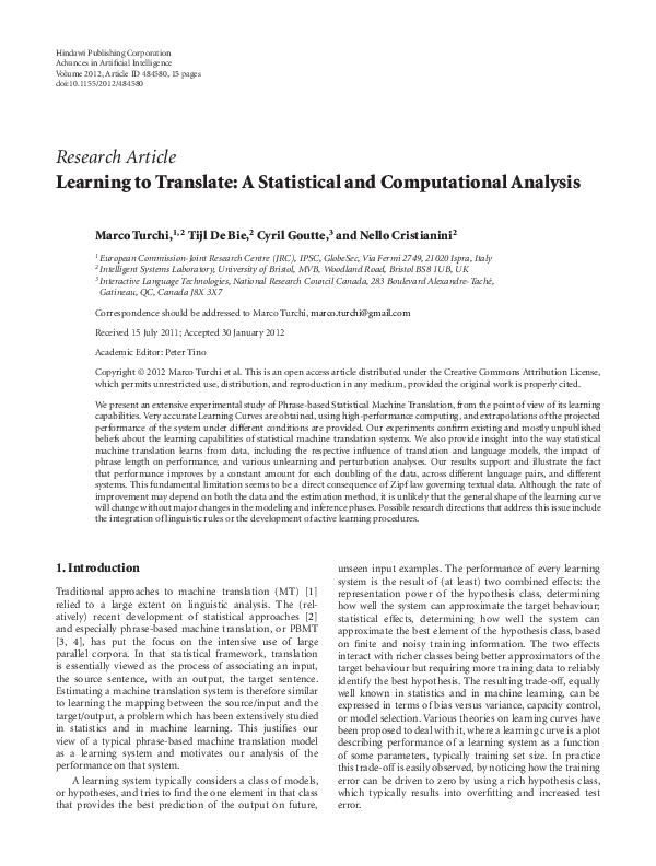 (PDF) Learning to Translate: a statistical and computational analysis