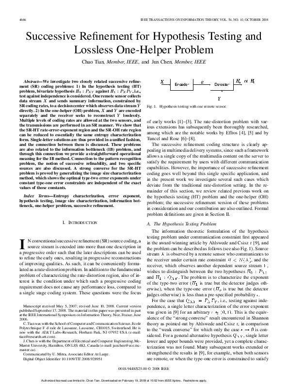 (PDF) Successive refinement for hypothesis testing and lossless one ...