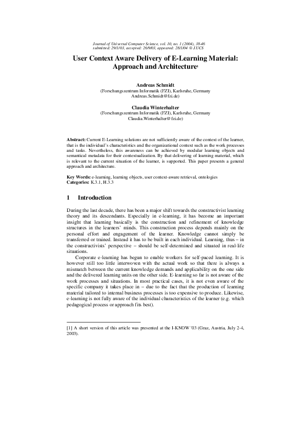 (PDF) User context aware delivery of elearning material Approach and