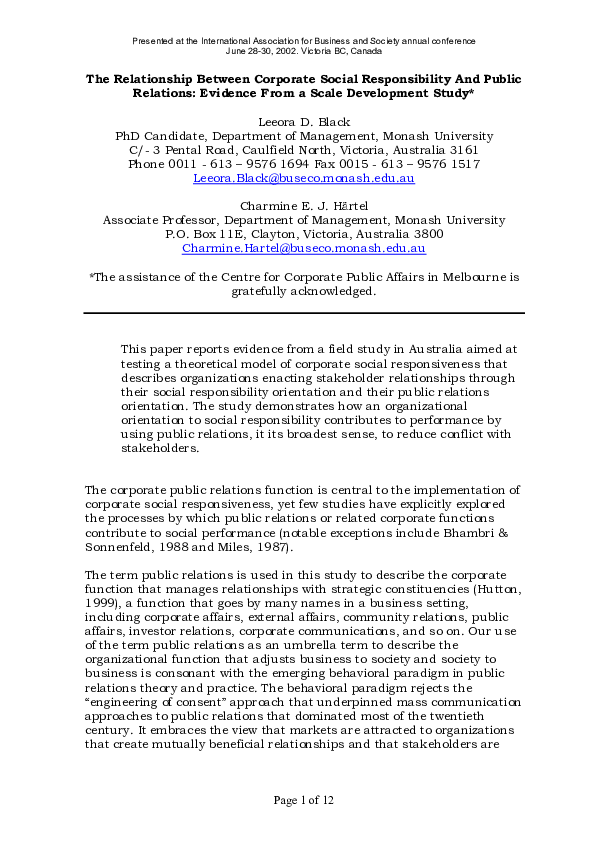 (PDF) The Relationship Between Corporate Social Responsibility and Public Relations Evidence