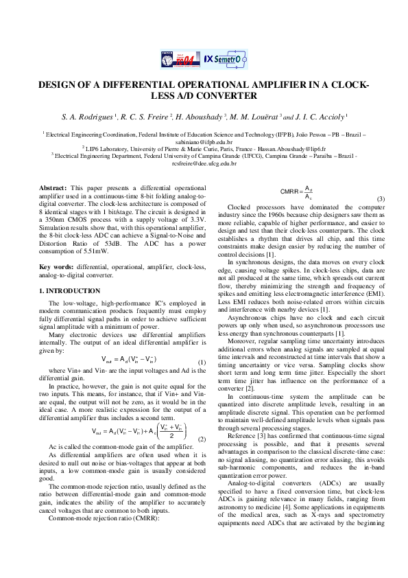 (PDF) DESIGN OF A DIFFERENTIAL OPERATIONAL AMPLIFIER IN A CLOCK-LESS A ...