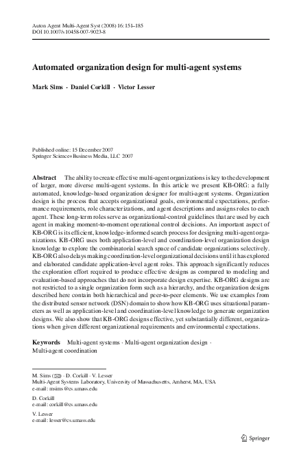 (PDF) Automated organization design for multi-agent systems