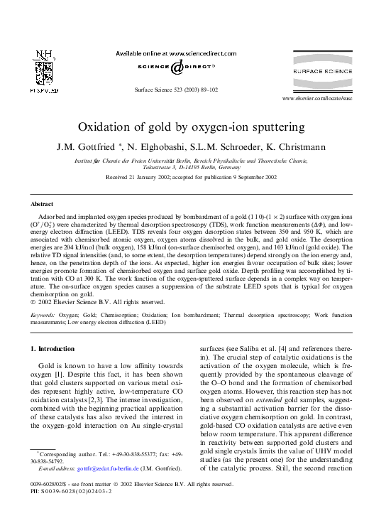(PDF) Oxidation of gold by oxygen-ion sputtering