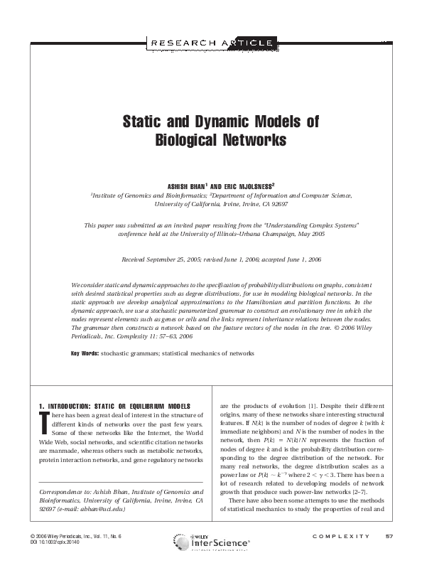 (PDF) Static and dynamic models of biological networks