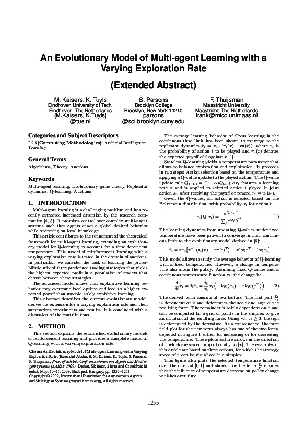 (PDF) An evolutionary model of multi-agent learning with a varying ...
