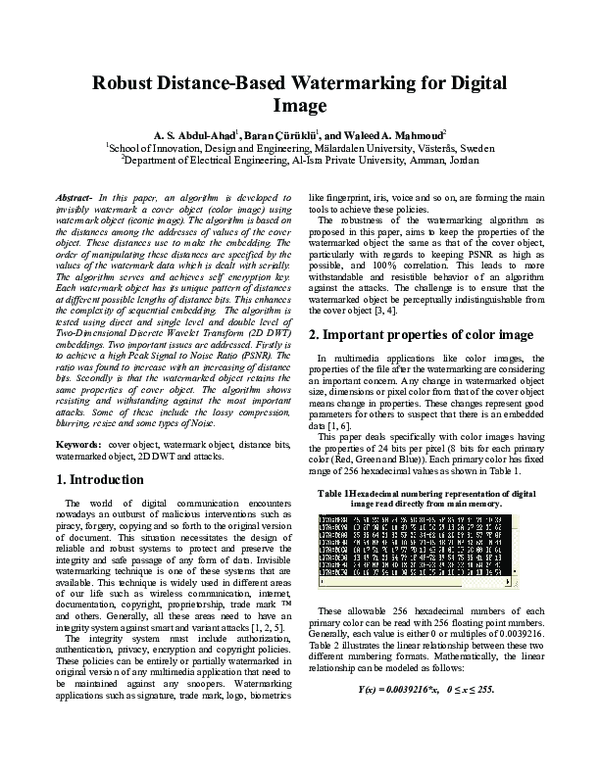 (PDF) Robust Distance-Based Watermarking for Digital Image