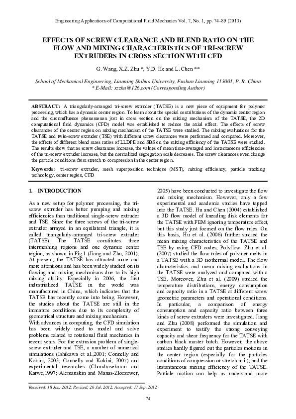 	Effects of Screw Clearance and Blend Ratio on the Flow and Mixing Characteristics of Tri-Screw Extruders in Cross Section with CFD