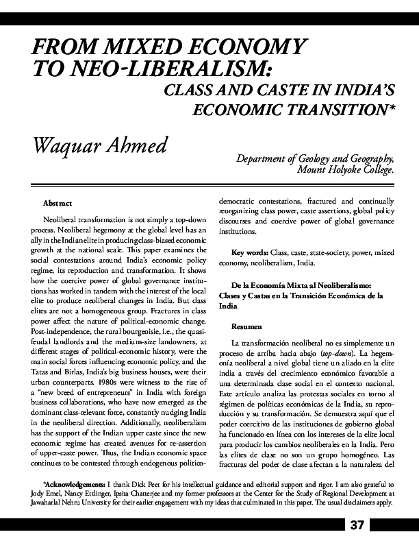 (PDF) From Mixed Economy to Neoliberalism Class and Caste in India’s