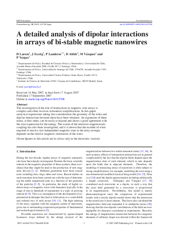(PDF) A detailed analysis of dipolar interactions in arrays of bi ...