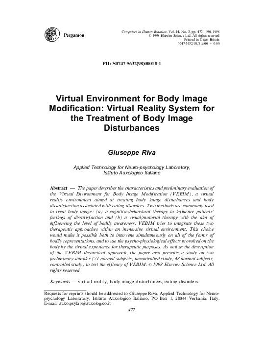 (PDF) Virtual environment for body image modification Virtual reality