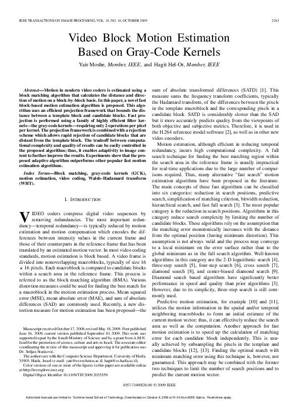 (PDF) Video block motion estimation based on gray-code kernels