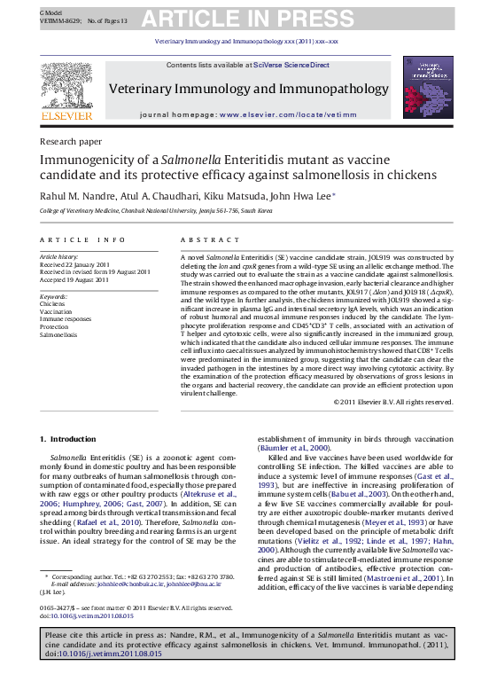 (PDF) Immunogenicity of a Salmonella Enteritidis mutant as vaccine ...