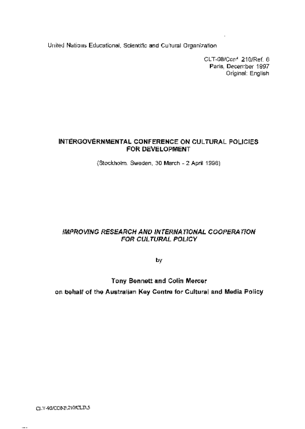 (PDF) Tony Bennett and Colin Mercer, Improving Research and ...