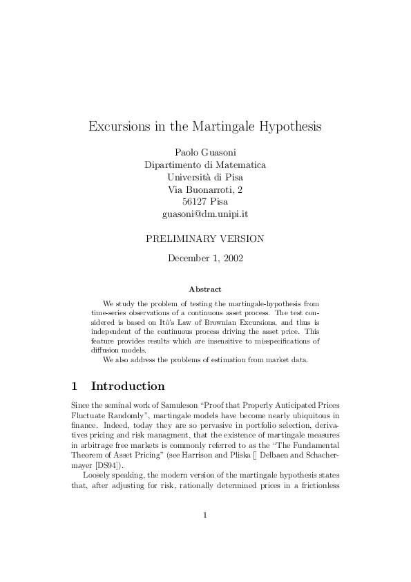 (PDF) Excursions in the martingale hypothesis Paolo Guasoni